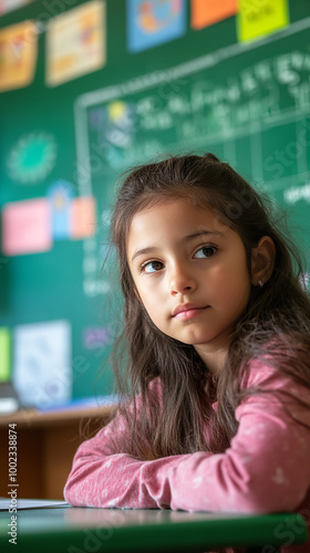 A Hispanic girl focuses diligently on math problems in a vibrant classroom photo