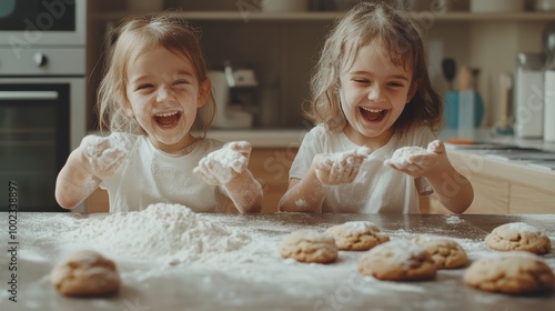 Two girls joyfully baking cookies in the kitchen, covered in flour and laughter