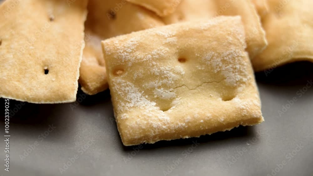 Salty crispy gluten free cracker made with rice flour. Macro shot. Rotation Salty crispy gluten free cracker made with rice flour. Macro shot. Rotation