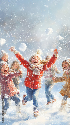 A joyful group of children play in the snow, laughing and having fun photo