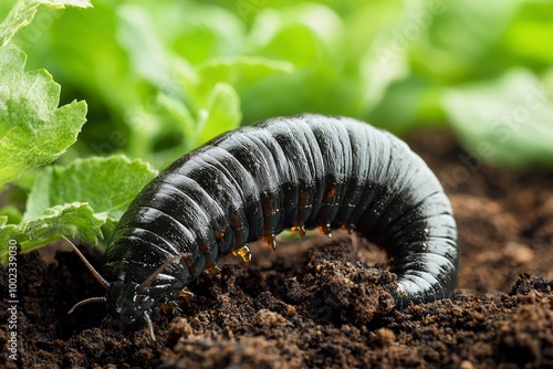 A Black Caterpillar Crawling Through Soil Near Green Foliage