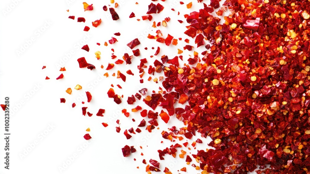 Bright red chili pepper flakes in a disordered pile against a white backdrop, evoking heat and spice, perfect for culinary themes. Bright red chili pepper flakes in a disordered pile against a white backdrop, evoking heat and spice, perfect for culinary themes.