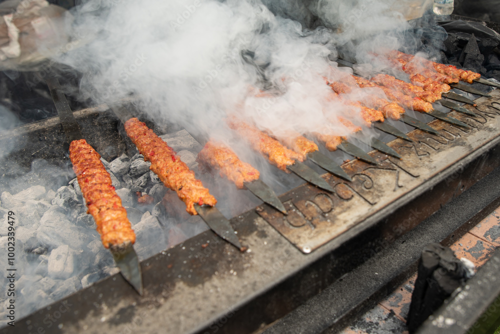 Turkish Kebab On The Grill. Barbecue grliling shish kebab , shish kebab in smoke over coal fire Turkish Kebab On The Grill. Barbecue grliling shish kebab , shish kebab in smoke over coal fire