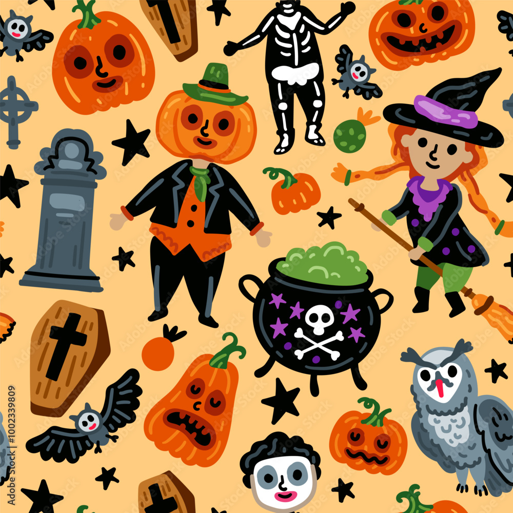 Seamless pattern of Halloween characters, Children with funny and scary witch, owl, monster costumes background Seamless pattern of Halloween characters, Children with funny and scary witch, owl, monster costumes background