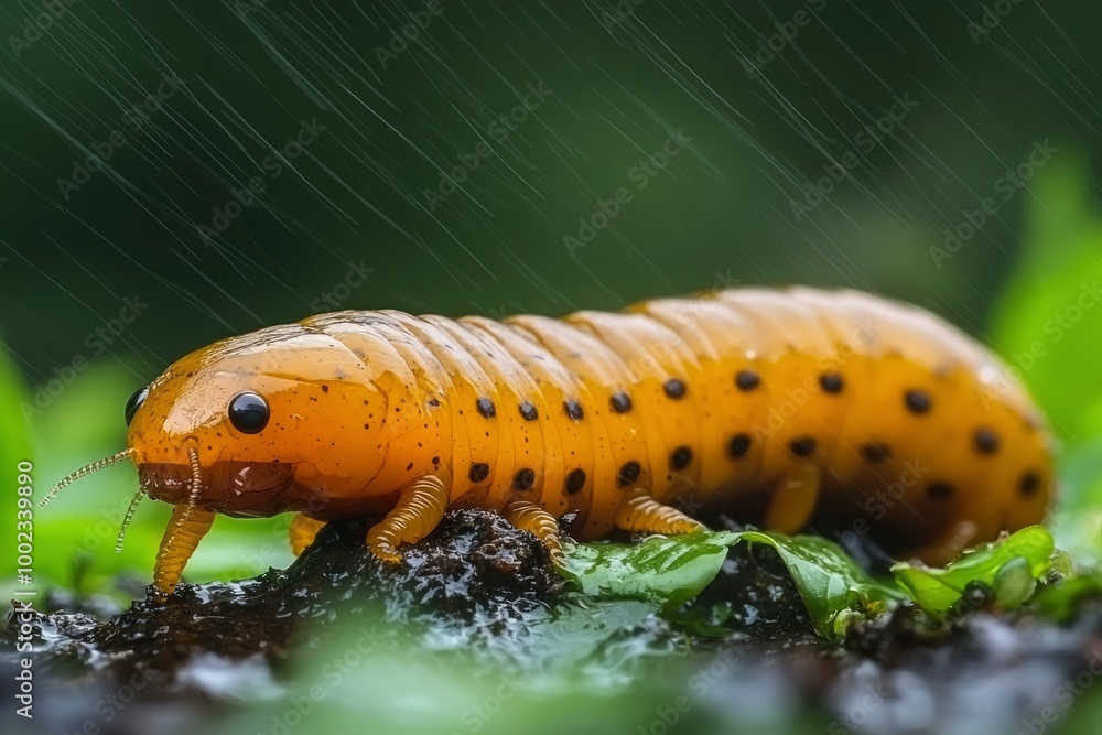 A Yellow Caterpillar with Black Spots in the Rain A Yellow Caterpillar with Black Spots in the Rain