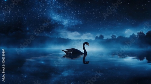 Fototapeta Naklejka Na Ścianę i Meble -    Black swan on water at night