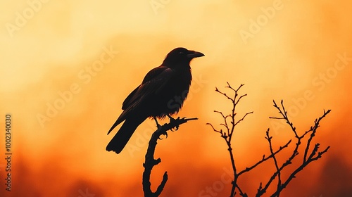   A blackbird perched atop a tree limb against an orange-yellow sky backdrop