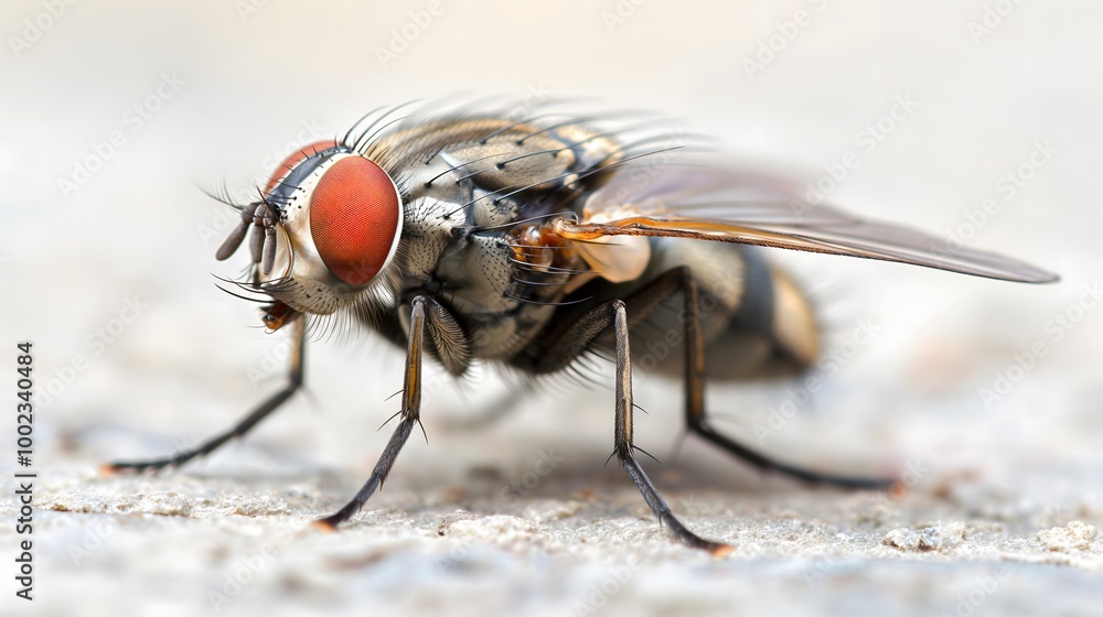 Close-up of a fly perched on a white background Close-up of a fly perched on a white background