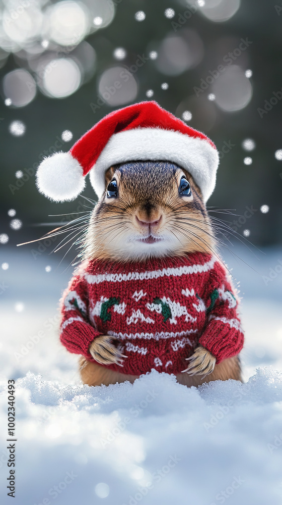 A playful chipmunk dressed in festive winter clothes, wearing a Santa Claus-style hat and a cozy Christmas sweater A playful chipmunk dressed in festive winter clothes, wearing a Santa Claus-style hat and a cozy Christmas sweater