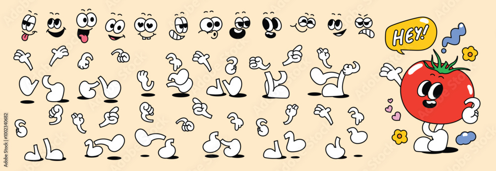 © TWINS DESIGN STUDIO - Set of 70s groovy comic faces vector. Collection of cartoon character faces, leg, hand in different emotions happy, angry, sad, cheerful. Cute retro groovy hippie illustration for decorative, sticker.