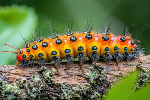 A Vibrant Caterpillar with Blue Eyes and Black Spikes