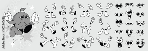 Set of 70s groovy comic faces vector. Collection of cartoon character faces, leg, hand in different emotions happy, angry, sad, cheerful. Cute retro groovy hippie illustration for decorative, sticker.