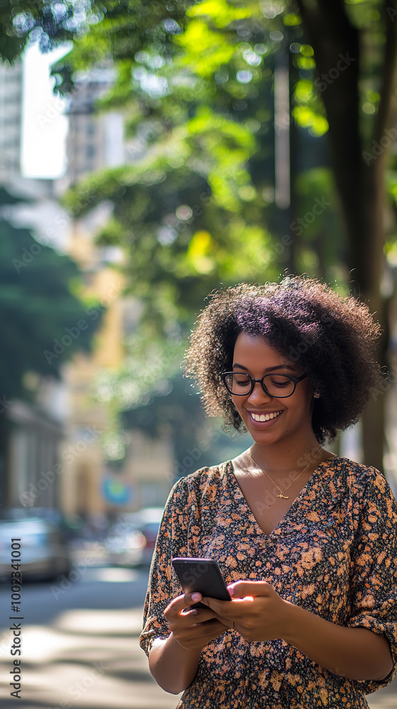 A realistic scene of a sunny day in Curitiba, Paraná, Brazil, featuring a Black woman standing on a street, using her smartphone