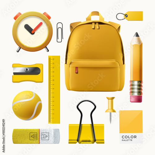 Cartoon office set emoji icons. Yellow backpack, alarm clock, pencil, ruler, eraser, tennis ball, and paperclip. Business and education concept. School objects. New notification. Work collection
