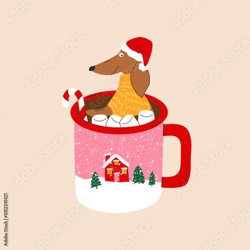 A cute dachshund is sitting in a cup of hot chocolate.  Merry Christmas