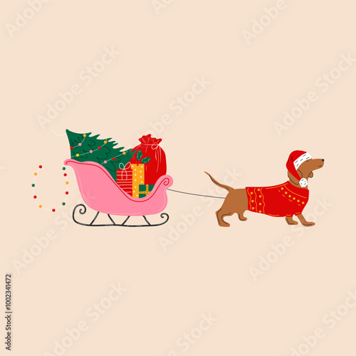 A dachshund pulls a sleigh with a Christmas tree and presents. Merry Christmas