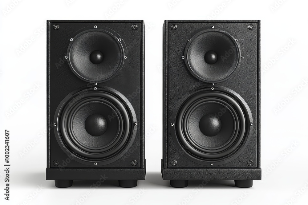 Two Black Audio Speakers on a White Background Showcasing Sound Equipment Design and Functionality Two Black Audio Speakers on a White Background Showcasing Sound Equipment Design and Functionality