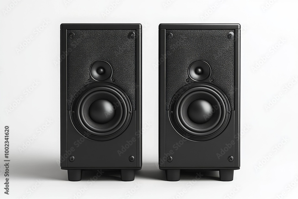 Black Stereo Speakers on a Light Background Ideal for Home Audio Systems and Music Enjoyment Black Stereo Speakers on a Light Background Ideal for Home Audio Systems and Music Enjoyment