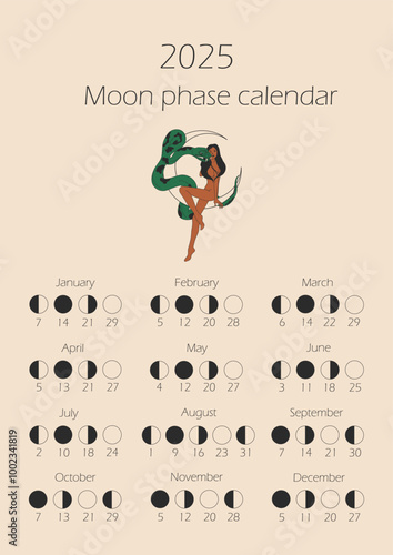 Moon phases calendar 2025 with woman with a snake wrapped around her body. Waning gibbous, Waxing crescent, New moon, Full moon with dates.