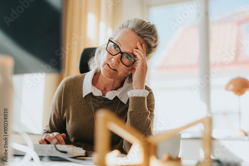Exhausted businesswoman with head in hand while sitting at desk in office