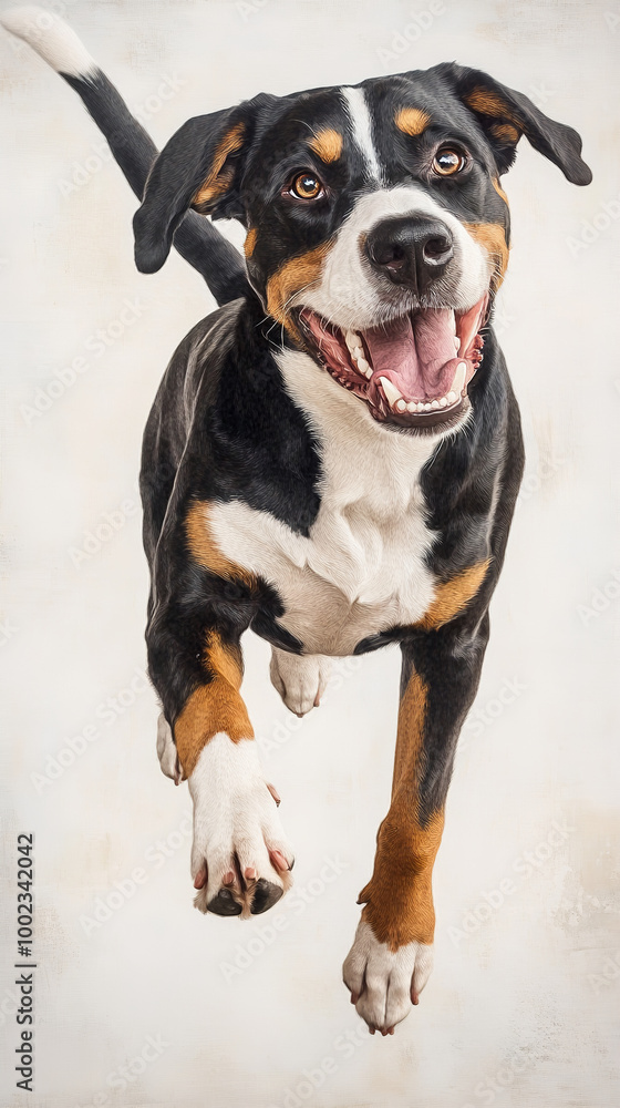 An Entlebucher Mountain Dog is depicted in a playful stance, with its tail wagging energetically An Entlebucher Mountain Dog is depicted in a playful stance, with its tail wagging energetically