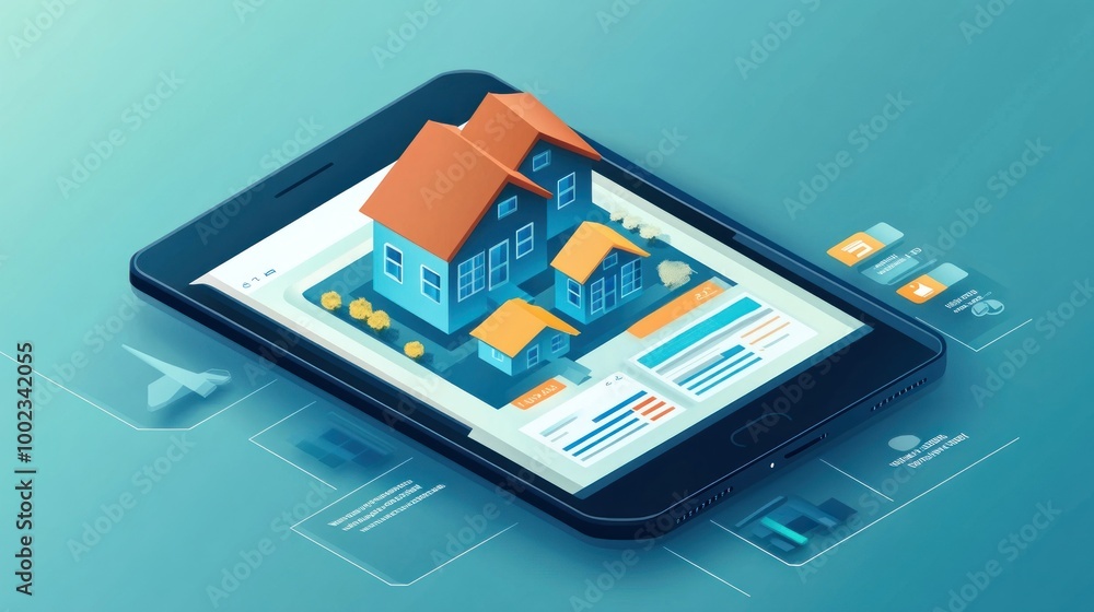 Smartphone Screen Displaying 3D Model of Two Houses with Data Analysis Smartphone Screen Displaying 3D Model of Two Houses with Data Analysis