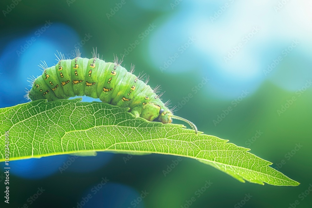 Fototapeta premium Green Caterpillar on a Leaf with a Blurry Background
