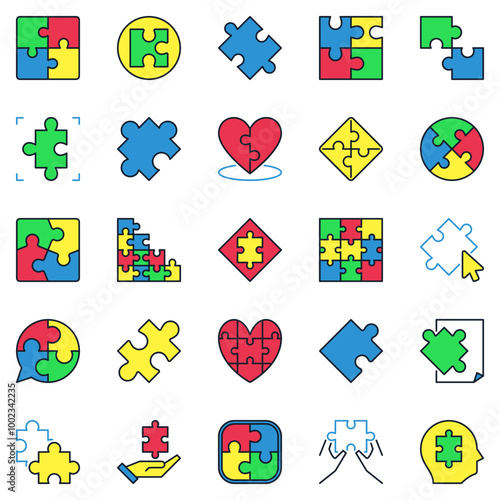 Jigsaw Puzzle vector colored icons set. Puzzles piece concept symbols