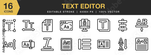 Text Editor icon set. Editable Stroke Icon Collection. Includes text editor line icons, and More. Outline icons vector collection.