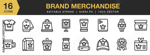 Brand Merchandise icon set. Editable Stroke Icon Collection. Includes badge, box, billboard, tshirt, case, skincare, cream, and More. Outline icons vector collection.
