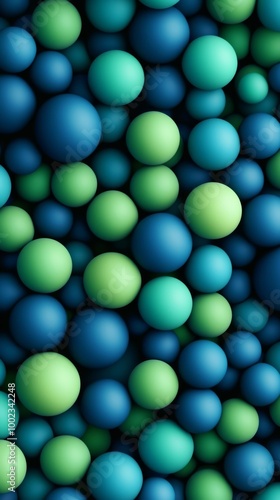 Colorful Arrangement of Spheres in Green and Blue Tones Creates a Visually Captivating Pattern
