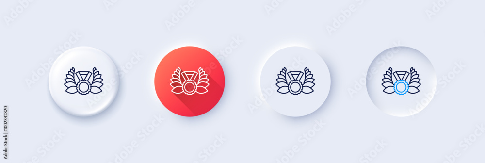 Laurel wreath line icon. Neumorphic, Red gradient, 3d pin buttons. Winner medal symbol. Prize award sign. Line icons. Neumorphic buttons with outline signs. Vector Laurel wreath line icon. Neumorphic, Red gradient, 3d pin buttons. Winner medal symbol. Prize award sign. Line icons. Neumorphic buttons with outline signs. Vector