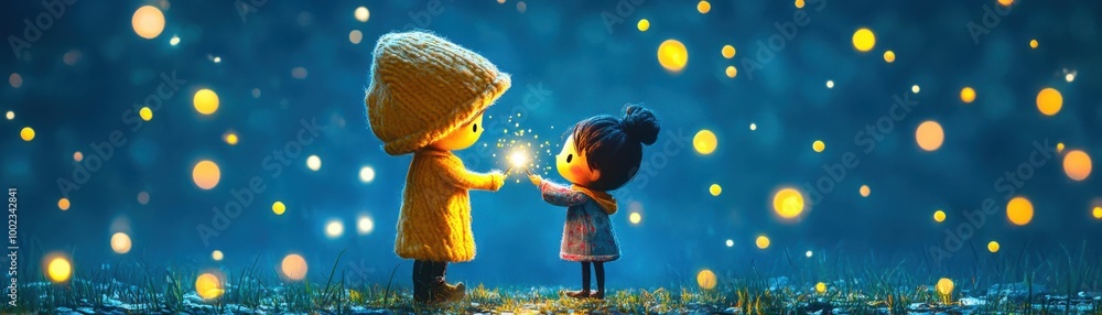 Fototapeta premium Glowing Romance - Enchanting Moment of Love as Couple Chases Fireflies at Twilight