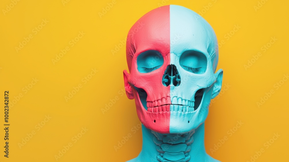Colorful Skull with Split Design Against Yellow Background Colorful Skull with Split Design Against Yellow Background