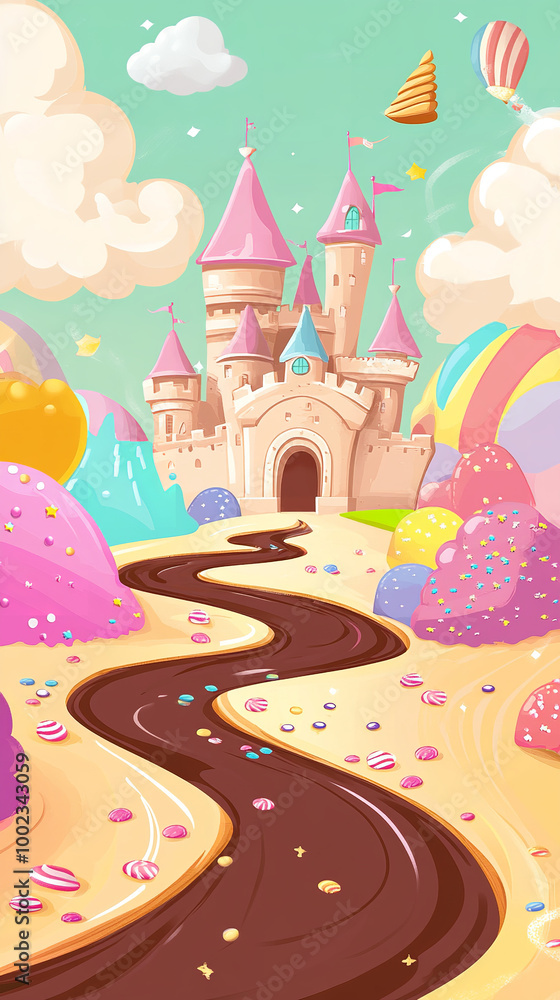 Fototapeta premium Cartoon candy background with a brown chocolate river. a landscape with colorful hills and clouds