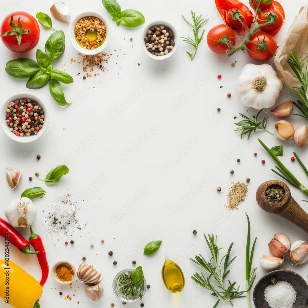 A vibrant arrangement of fresh herbs, spices, and vegetables on a clean surface for culinary creations A vibrant arrangement of fresh herbs, spices, and vegetables on a clean surface for culinary creations