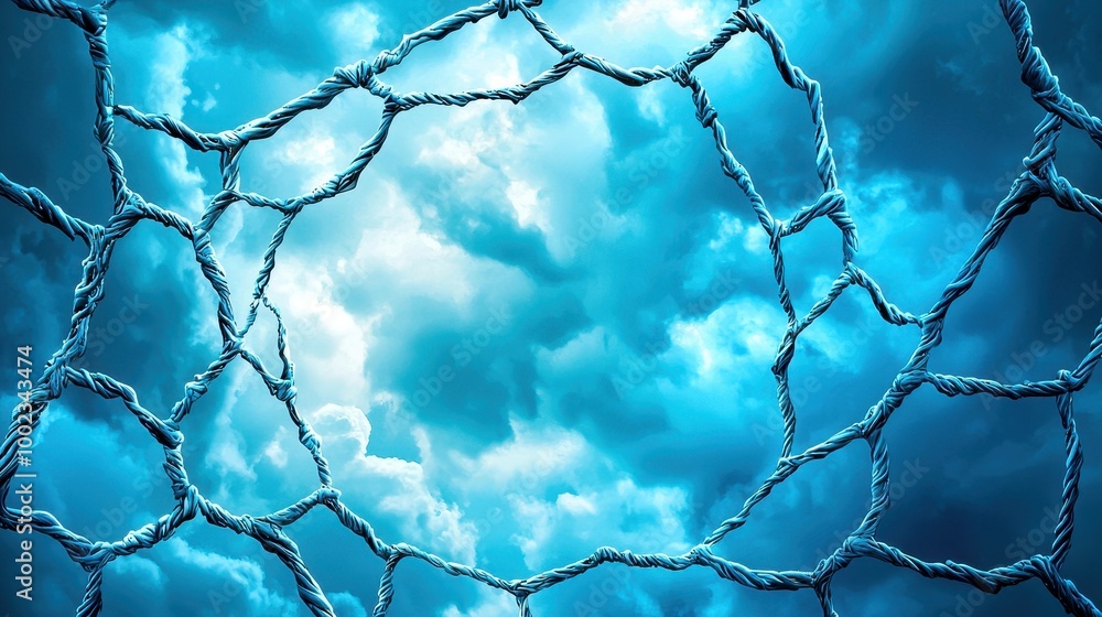Abstract view of a net against a cloudy blue sky, offering a sense of confinement and perspective. Abstract view of a net against a cloudy blue sky, offering a sense of confinement and perspective.