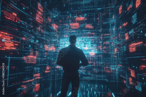 Wallpaper Mural A cybersecurity expert analyzes glowing encrypted codes in a virtual data space filled with firewalls at dusk. Generative AI Torontodigital.ca