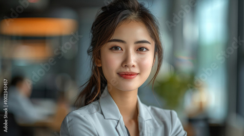 A professional Asian woman sitting in an office  dressed professionally  smiling.