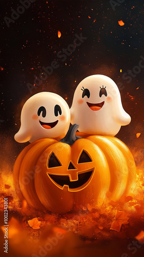 cute Halloween emojis, smiling pumpkins, happy ghosts, bright orange and black background photo