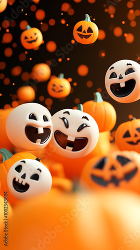 cute Halloween emojis, smiling pumpkins, happy ghosts, bright orange and black background photo