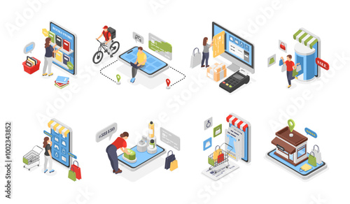 Isometric mobile e-marketing and purchases. Online store application. People buying and payment, digital shopping on website flawless vector scenes