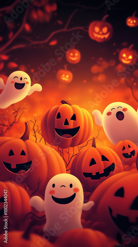 cute Halloween emojis, smiling pumpkins, happy ghosts, bright orange and black background photo