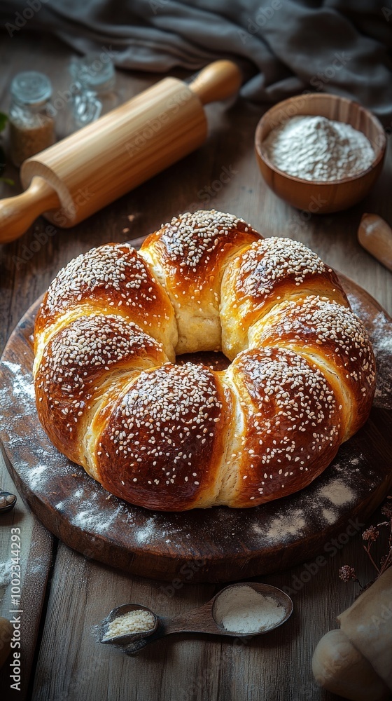 Freshly Baked Round Bread Topped With Sesame Seeds on a Wooden Surface in a Cozy Kitchen Setting Freshly Baked Round Bread Topped With Sesame Seeds on a Wooden Surface in a Cozy Kitchen Setting
