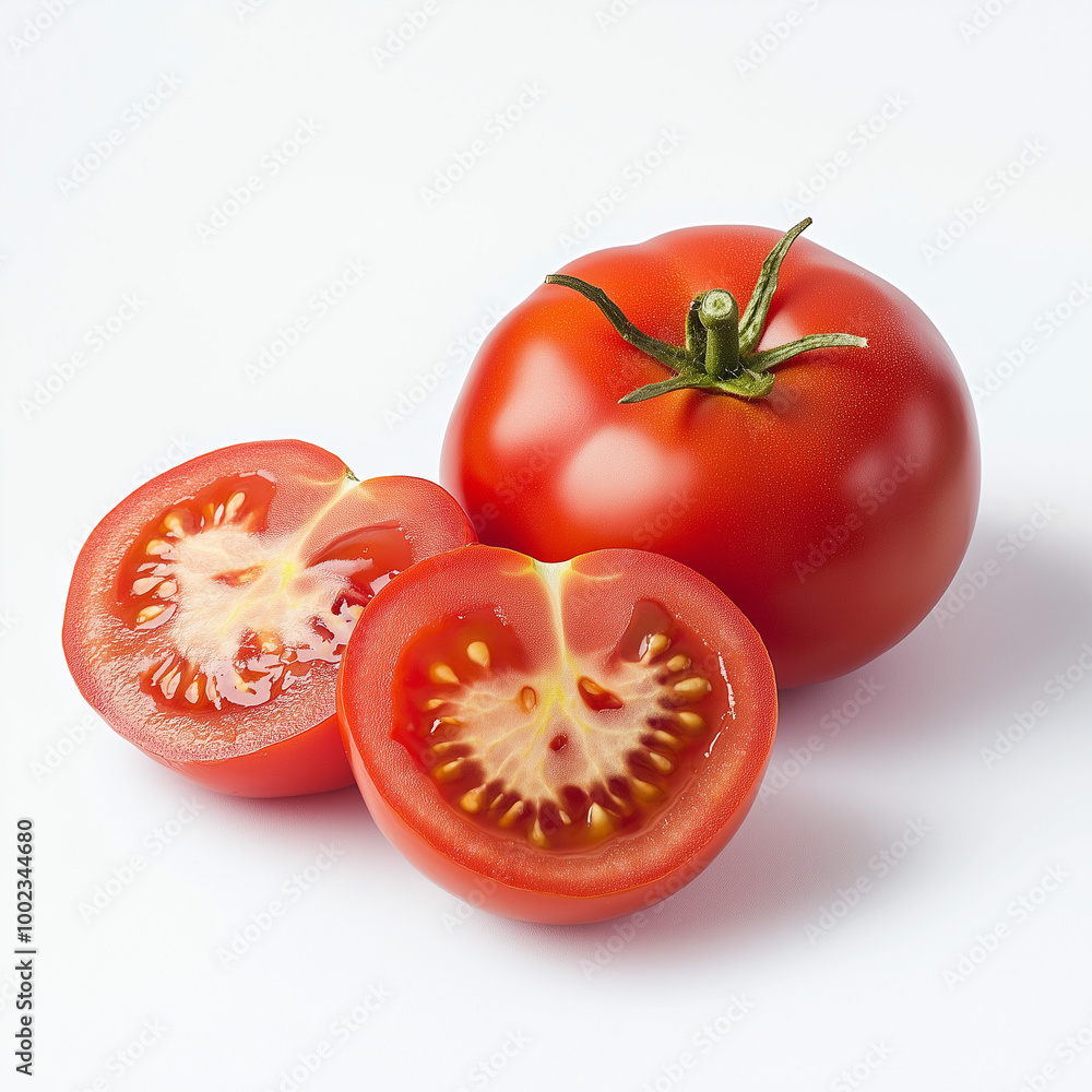 A ripe tomato sits on a clean white background A ripe tomato sits on a clean white background