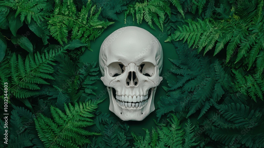 Skull Surrounded by Lush Green Ferns Skull Surrounded by Lush Green Ferns