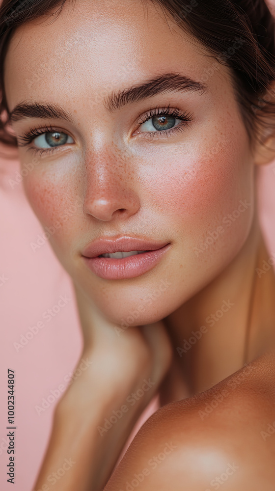 30 year skincare model, she has a joyful look on her face, pink back drop above the shoulder portrait 30 year skincare model, she has a joyful look on her face, pink back drop above the shoulder portrait