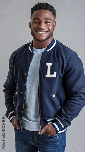 handsome 25 year old african american man wearing a navy lettermans jacket photo