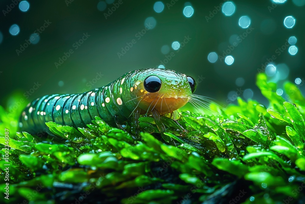 A Green Caterpillar with Large Eyes on Lush Moss A Green Caterpillar with Large Eyes on Lush Moss