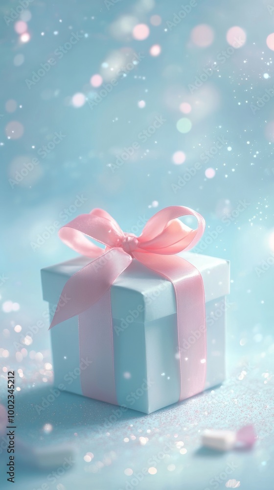 Fototapeta premium Gift box with pink ribbon on glittery